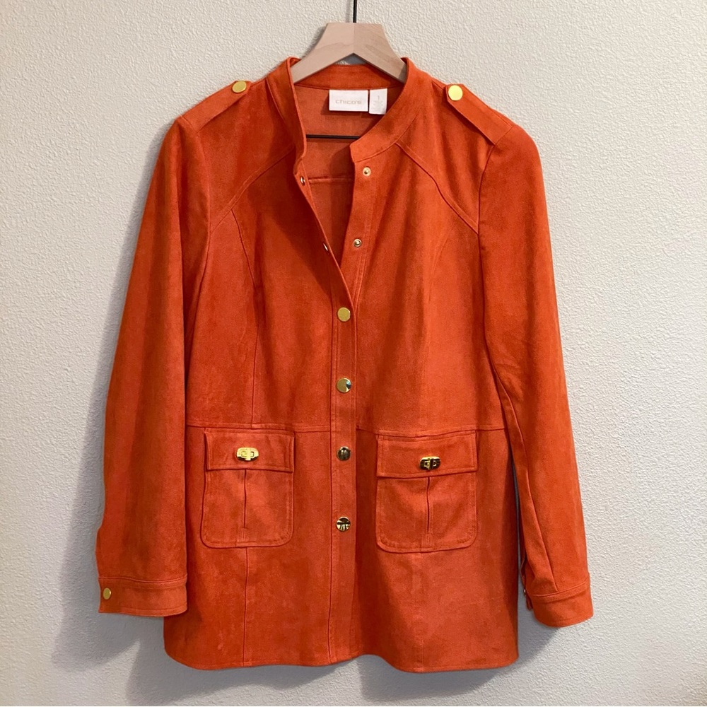 Chico’s Orange Faux Suede Military Inspired Snap Front Jacket - Medium